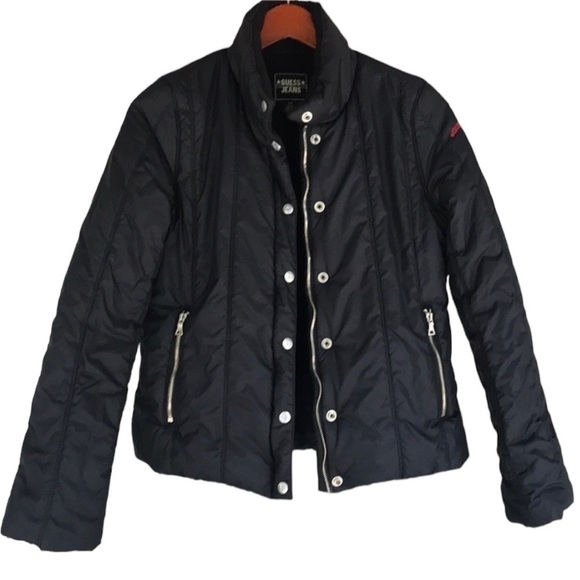 Guess Black Long Sleeve Snap Zip Closure Fleece Lined Puffer Jacket - Picture 7 of 13